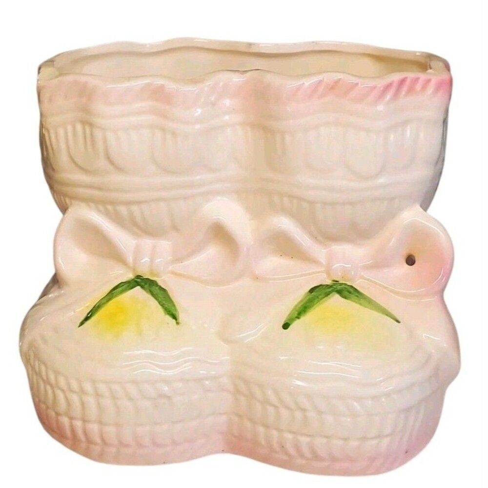 Vintage White Booties Planter with Pink Bows